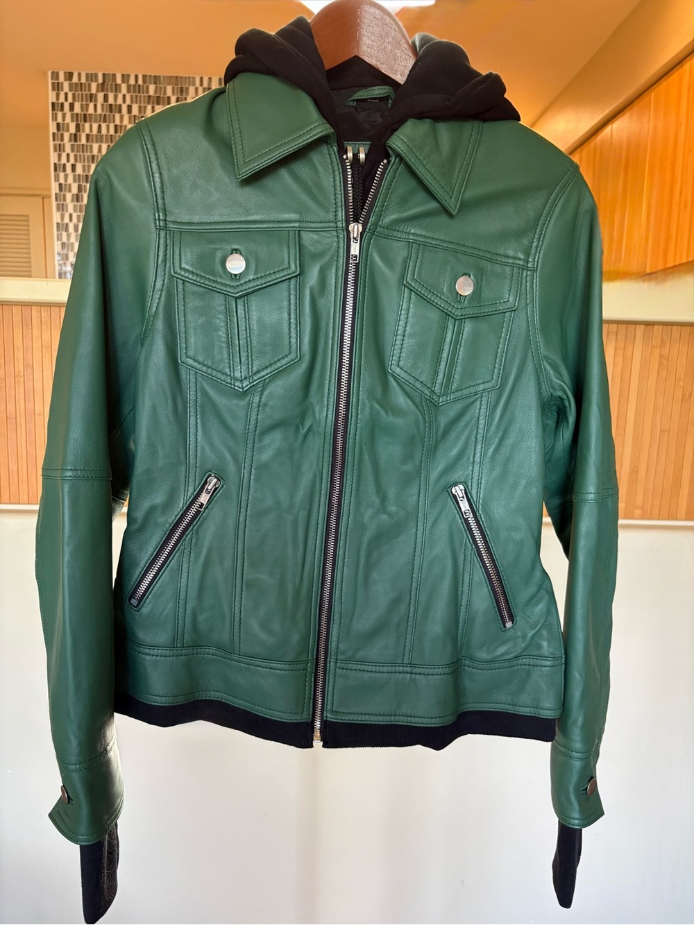 Green Leather Zip-Front Jacket with Hood